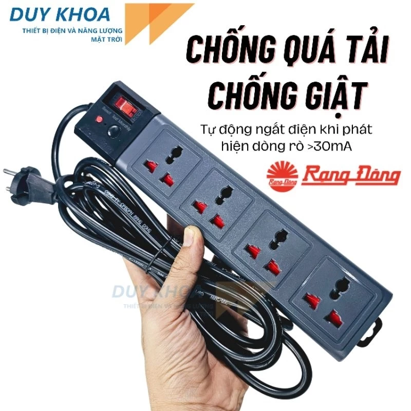 Ổ cắm chống giật Rạng Đông dây 3m OC04 4C10A, an toàn điện cho người sử dụng