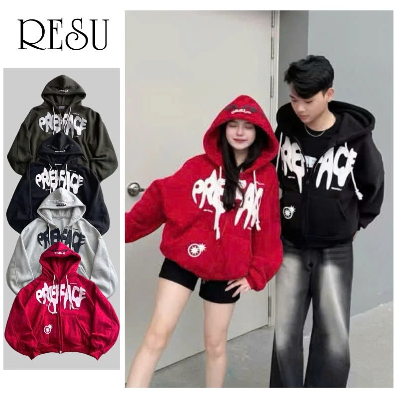 Áo Khoác Nỉ Bông In Chữ Nổi Khoá Kéo Zip In Dáng Form Rộng Nón 2 Lớp, Áo Hoodie In  Boxy Three Strars RESU
