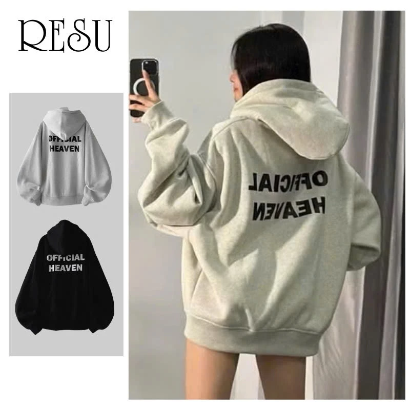 Áo Khoác Hoodie Khoá Kéo Zip Trơn Nỉ Bông In Chữ Dáng Form Rộng Nón 2 Lớp, Áo Hoodie In Chữ Nón Rộng Unisex RESU