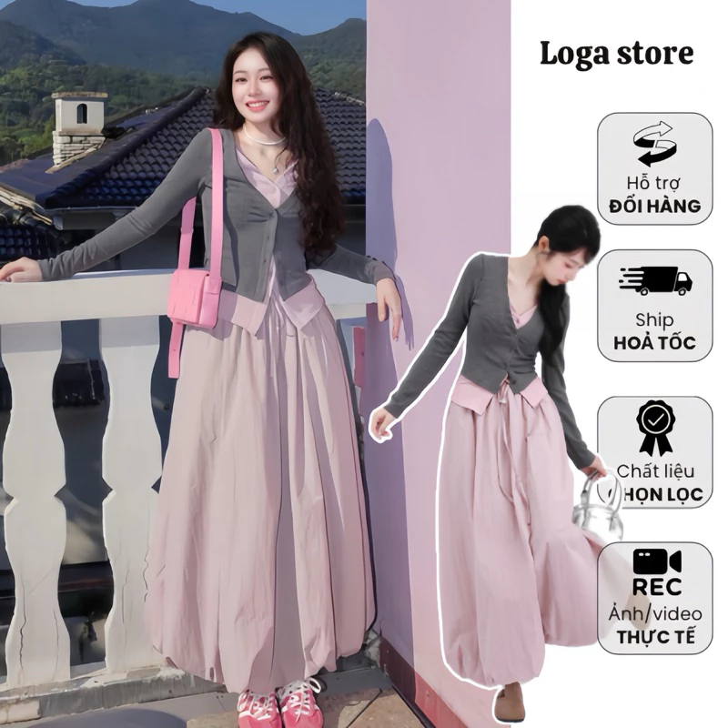 Áo thun phối 2 lớp dài tay, áo dài tay nữ cổ tim phối 2 màu Logastore_L290