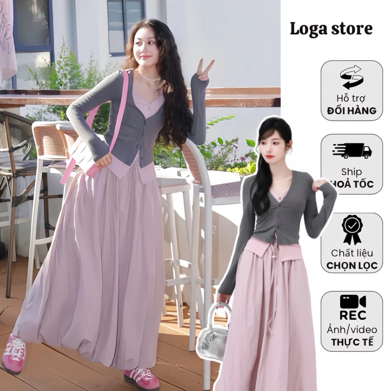 Chân váy bí dáng dài 2 lớp cạp chun màu tím pastel Logastore_L290