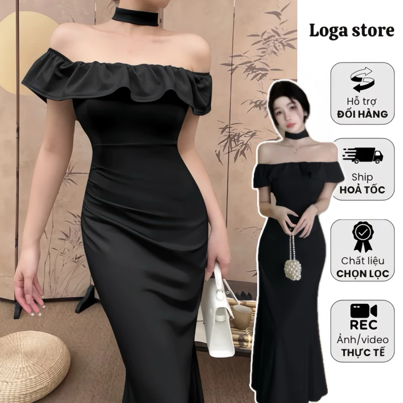 Đầm body trễ vai dáng dài nhún eo, váy ôm body xoè đuôi cá sang trọng Logastore_L200