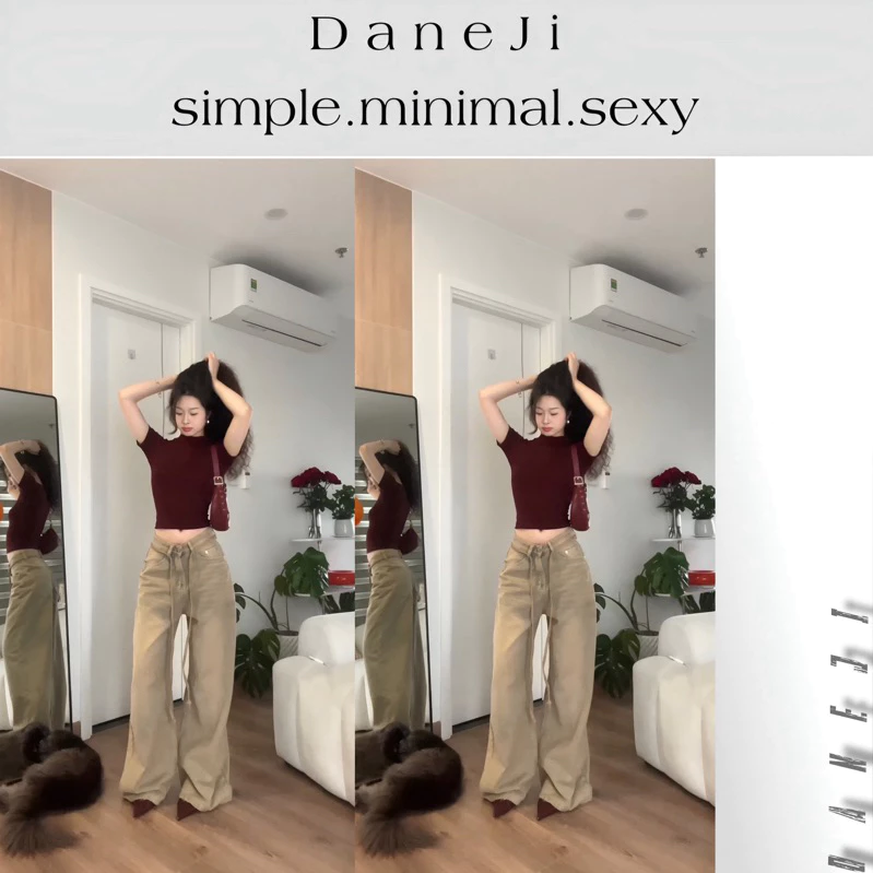 [ 𝐂𝐈𝐌𝐘 𝐅𝐈𝐓𝐒 ] Set Áo slimtee DANEJI cổ cao tay lở siêu ôm - Jeans Bụi Vàng ống rộng basic hằng ngày [ ĐỌC KỸ MÔ TẢ ]