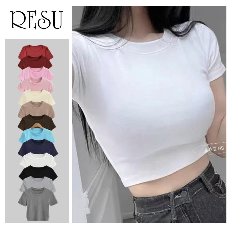 Áo Thun Croptop Nữ Ôm Body Ngắn Tay Cổ Tròn , Croptop Nữ Thun Trơn Cổ Tròn Tay Ngắn Dáng Ôm Trơn Basic RESU