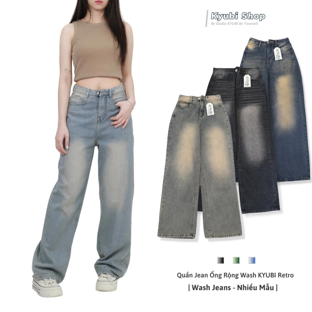 Quần jeans ống rộng wash Grind Smoke cạp cao phong cách hiphop retro cá tính (nhiều mẫu có bigsize) - baggy Kyubi GP38