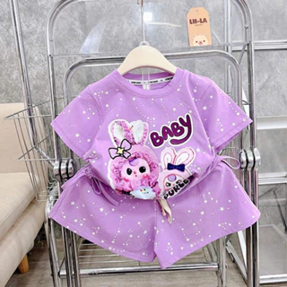 Sét Đồ Bộ In Hình Baby Three Dễ Thương Cho Bé Gái 9-44KG Thắt Nơ 2 Bên Chất Liệu Cotton Mềm Mịn Thoáng Mát (MS CS5)