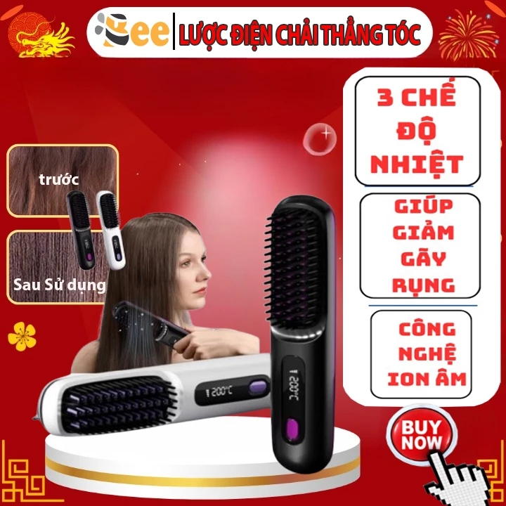 Lược Điện Duỗi Tóc Ion Âm Bee Không Dây Màn Hình Số 3 Chế Độ Nhiệt, Tạo Tóc Mượt, Tạo Kiểu Nhanh