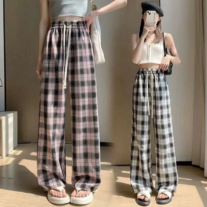 [Hàng Mới] Quần Suông Ống Rộng Họa Tiết Kẻ Hạt Đá Cạp Chun Lưng Cao Có Dây Rút Siêu Cá Tính Nữ pant
