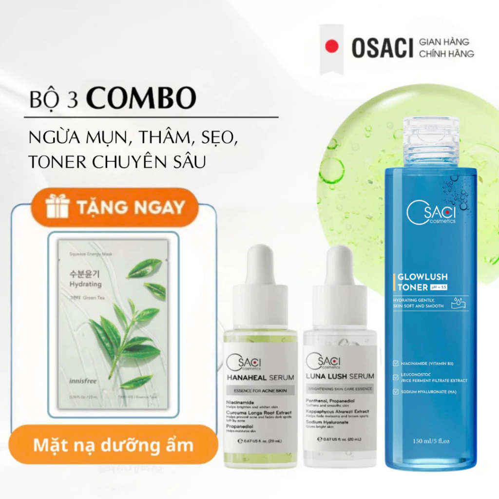 Combo dưỡng da ngừa mụn giảm thâm mờ sẹo Osaci Serum Hana + Luna + Toner GlowLush tặng mặt nạ dưỡng