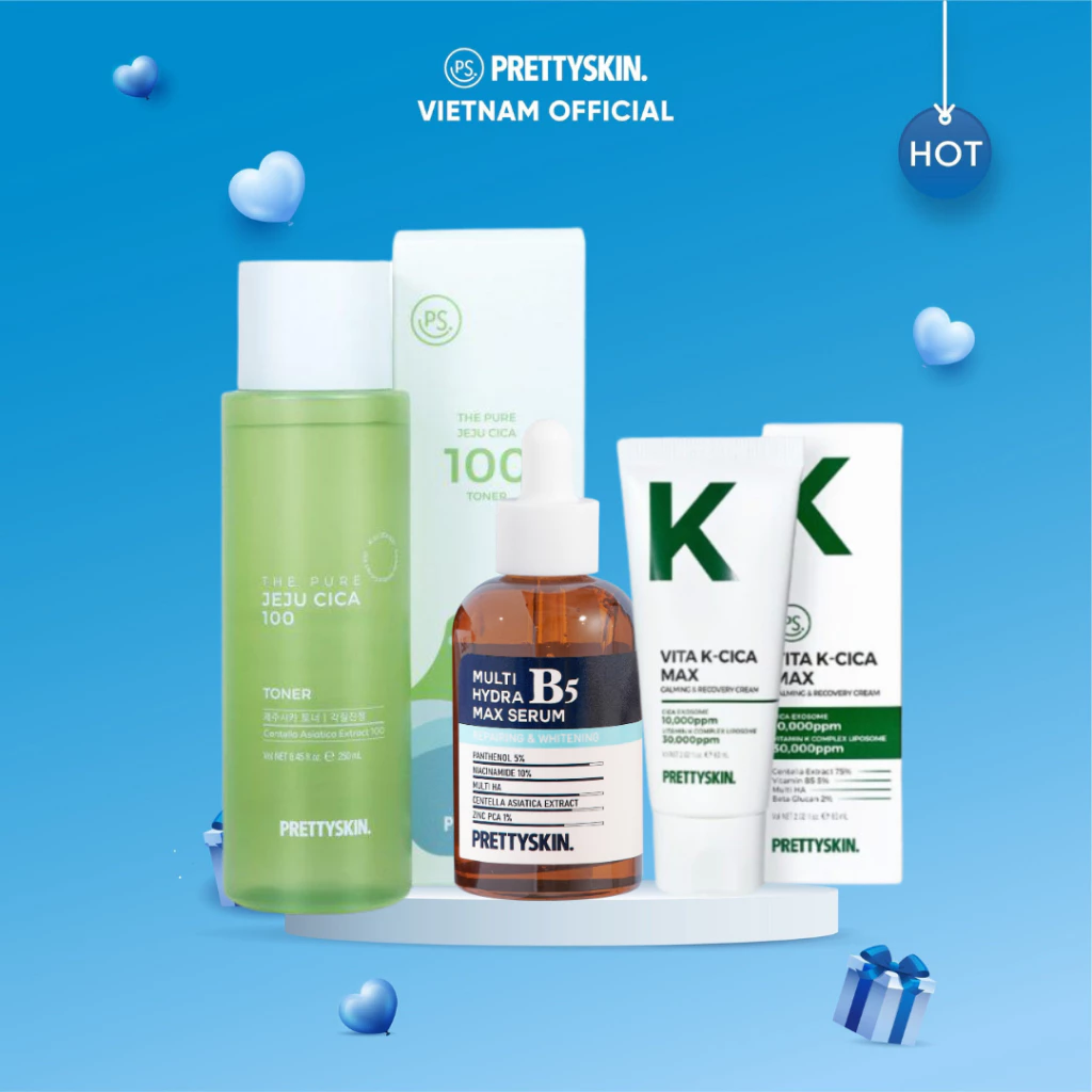 Combo 3 sp cho da dầu Prettyskin Toner rau má + Serum B5 Multi + Kem Vita K Cica