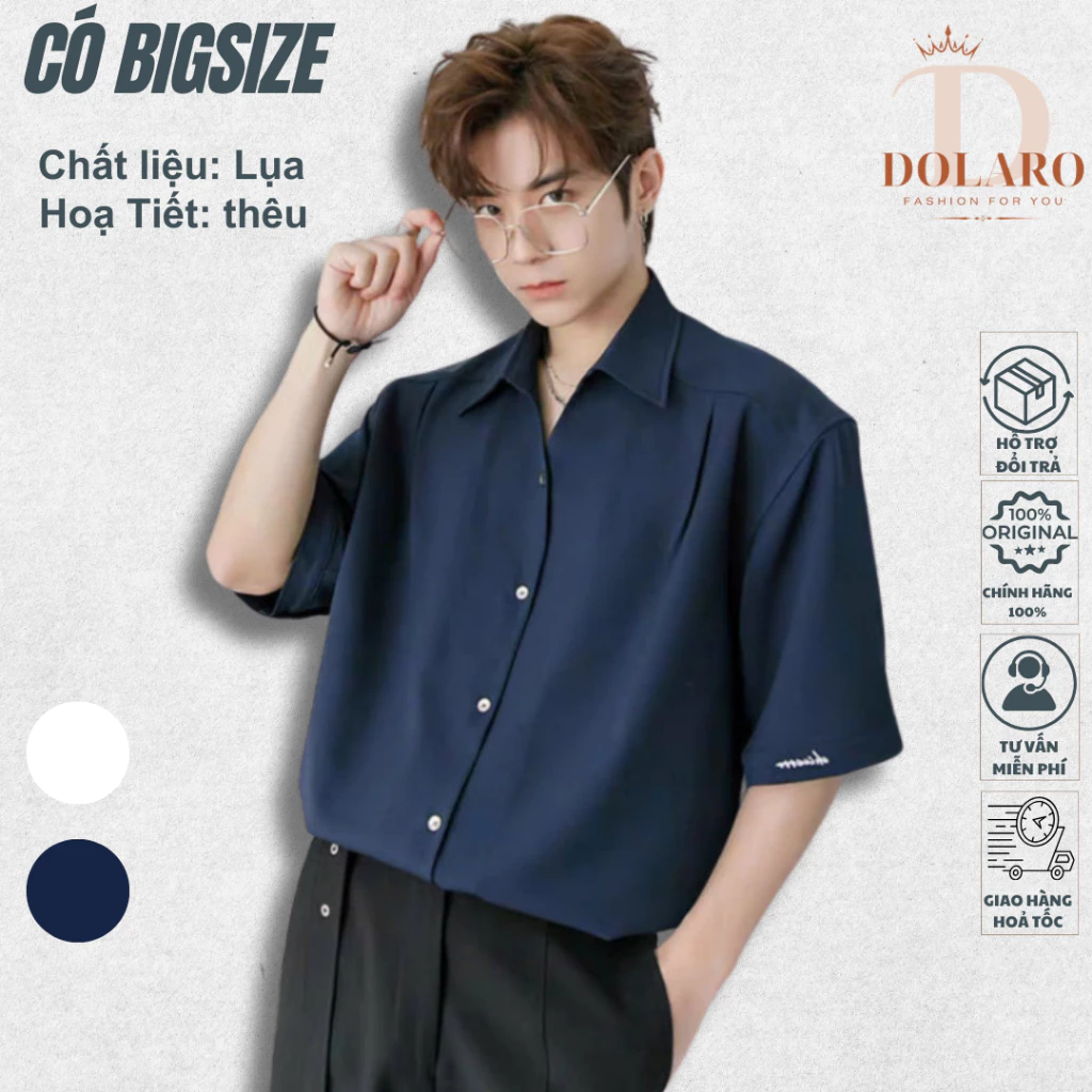 Áo Sơ Mi Nam Tay Ngắn Big Size Chính Hãng DOLARO Chất Lụa Cao Cấp, Kiểu Hoạ Tiết Thêu, phù Hợp Đi Học Đi Chơi 2025