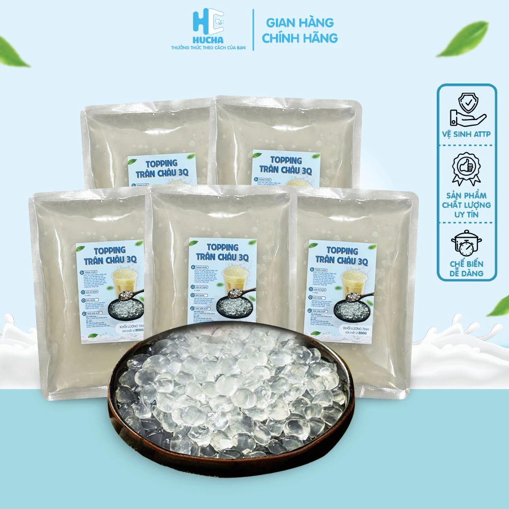 Trân châu 3Q trắng gói 200g hạt có độ giòn ngọt thơm và đều hạt, nguyên liệu Hucha