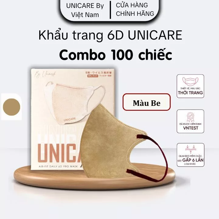 UNICARE 100c Khẩu Trang 6D Màu Be Pro Mask Chính Hãng Vải Không Dệt Kháng Khuẩn Ngăn Bụi Mịn