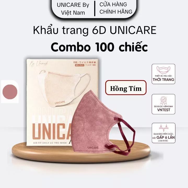 UNICARE 100c Khẩu Trang 6D Màu Hồng Tím Pro Mask Chính Hãng