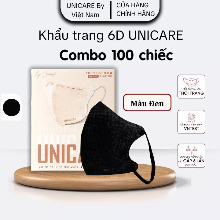 UNICARE 100c Khẩu Trang 6D Màu Đen Unicare Pro Mask Cải Tiến Mới Ngăn Ngừa Bụi Mịn