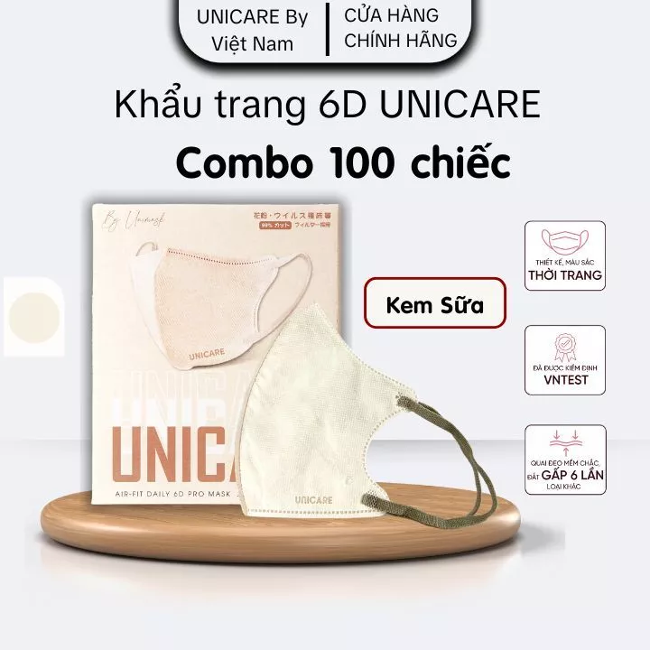 UNICARE 100c Khẩu Trang 6D Màu Kem Sữa Pro Mask Thế Hệ Mới Kháng Khuẩn Chống Nước