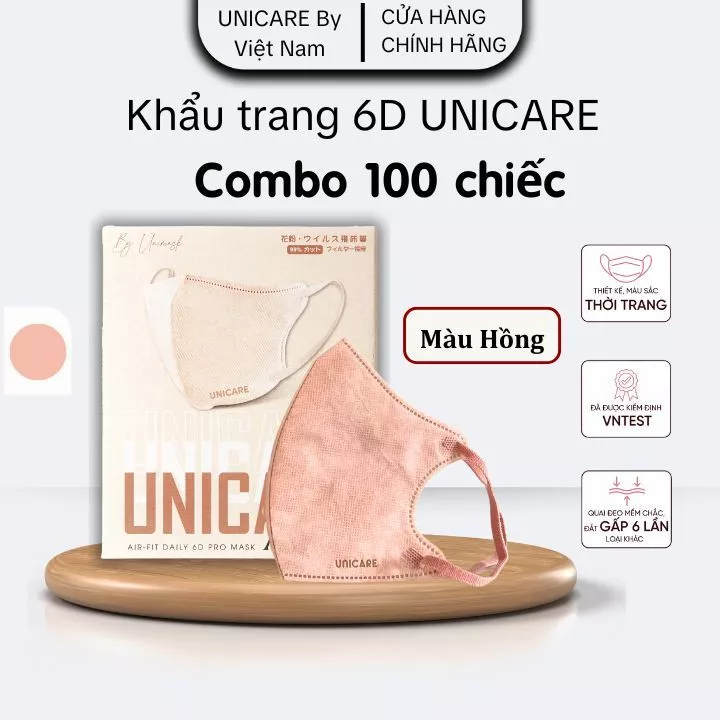 UNICARE 100c Khẩu Trang Màu Hồng 6D Pro Unimask Chính Hãng 3 Lớp Quai Đeo Bản To Cải Tiến Mới