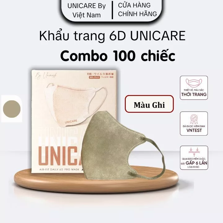 UNICARE 100c Khẩu Trang 6D Màu Ghi Pro Mask Chính Hãng Chống Bụi Không Thấm Nước