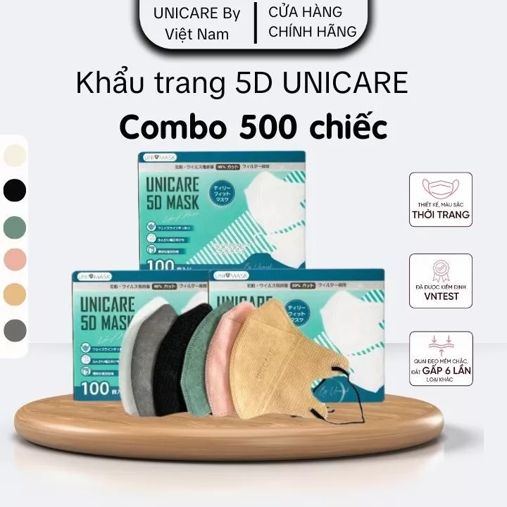 UNICARE 500 Chiếc Khẩu Trang 5D Unimask 3 Lớp Kháng Khuẩn Chống Bụi Mịn Cản Tia UV