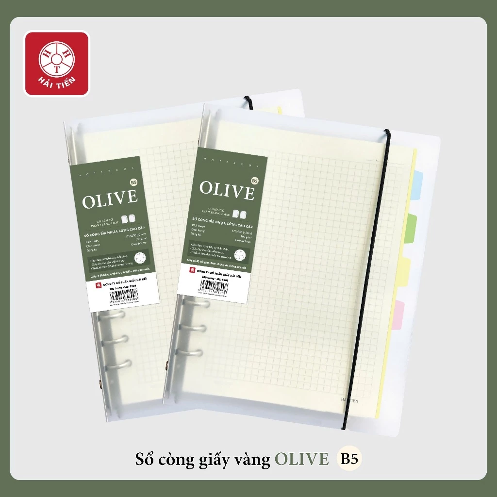 HẢI TIẾN Sổ bìa còng nhựa cứng OLIVE - Giấy chống lóa - Phân trang 4 màu - Có ruột sổ thay thế
