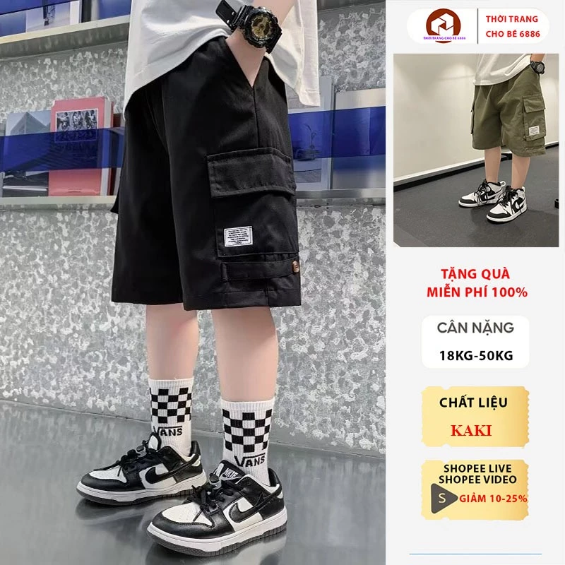 Quần short kaki bé tra, quần dài kaki bé trai, quần vải kaki túi hộp thời trang cho bé trai size nhỡ đại 18-52kg