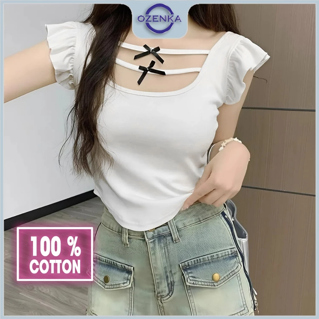 Áo croptop tay hến cổ vuông đính nơ bánh bèo ôm body nữ ozenka , áo thun cotton nữ đẹp sang chảnh cổ rộng mặc đi biển