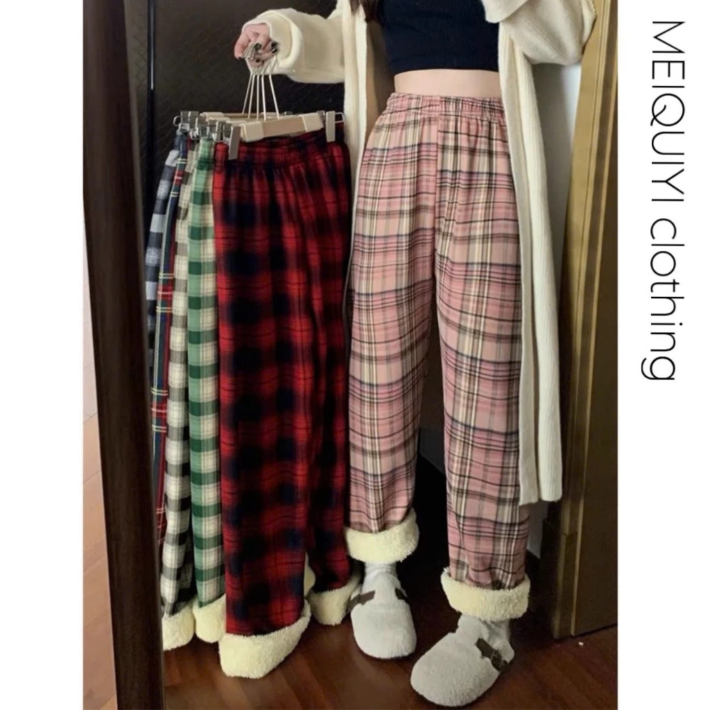 MEIQUIYI Quần nỉ ống rộng Unisex kẻ sọc đủ màu lót lông giữ nhiệt