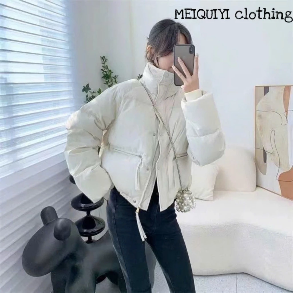 MEIQUIYI Áo phao Unisex thu đông trơn dáng lửng cổ cao giữ nhiệt tốt