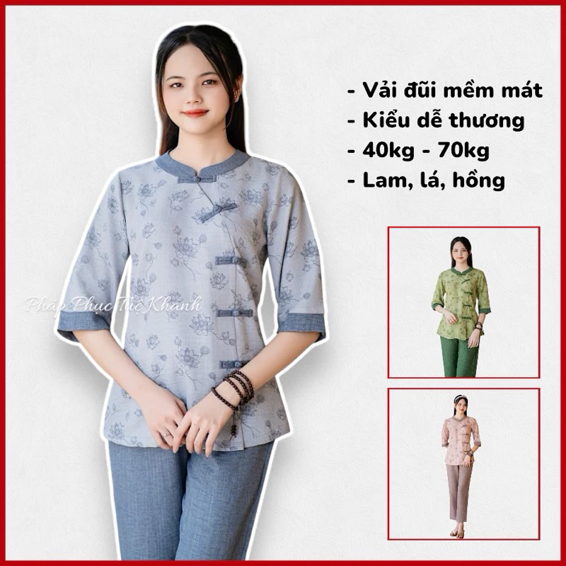 Đồ Lam vải đũi hoa cho nữ mặc siêu mềm mát thích hợp lễ chùa, khoá tu