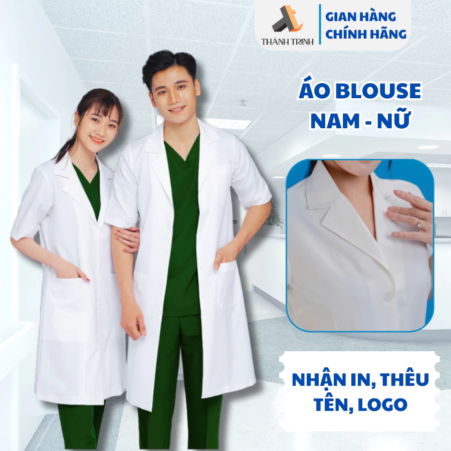 Áo Blouse trắng dáng dài tới đầu gối ,cộc tay cho Bệnh Viện, Phòng Khám, Bác Sĩ, Dược Sĩ, Spa - THÀNH TRINH