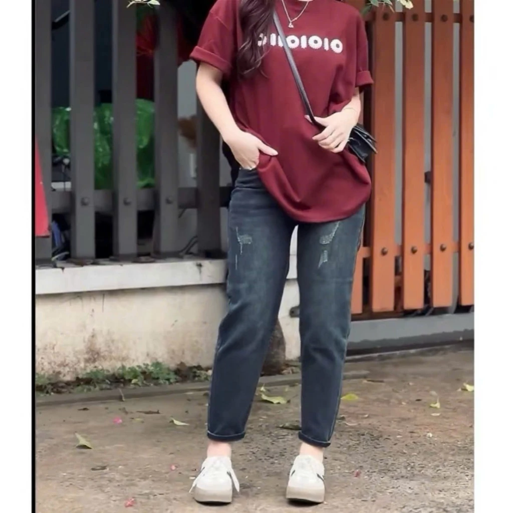 [BIGSIZE85kg] 2801 Quần Jean Nữ Baggy Co Giãn Cạp Sau Chun Xước Nhẹ, quần bò boy nữ màu tối tạo kiểu