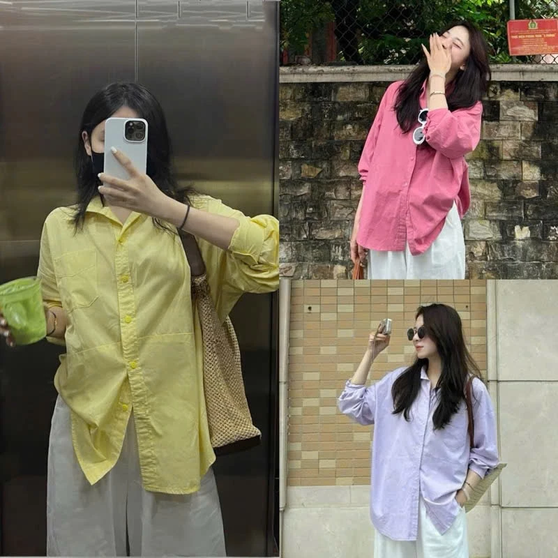 Áo sơ mi nữ chất thô cotton mềm KHÔNG pha nilong form rộng 1 túi trước SUMIISHOP mã SM08