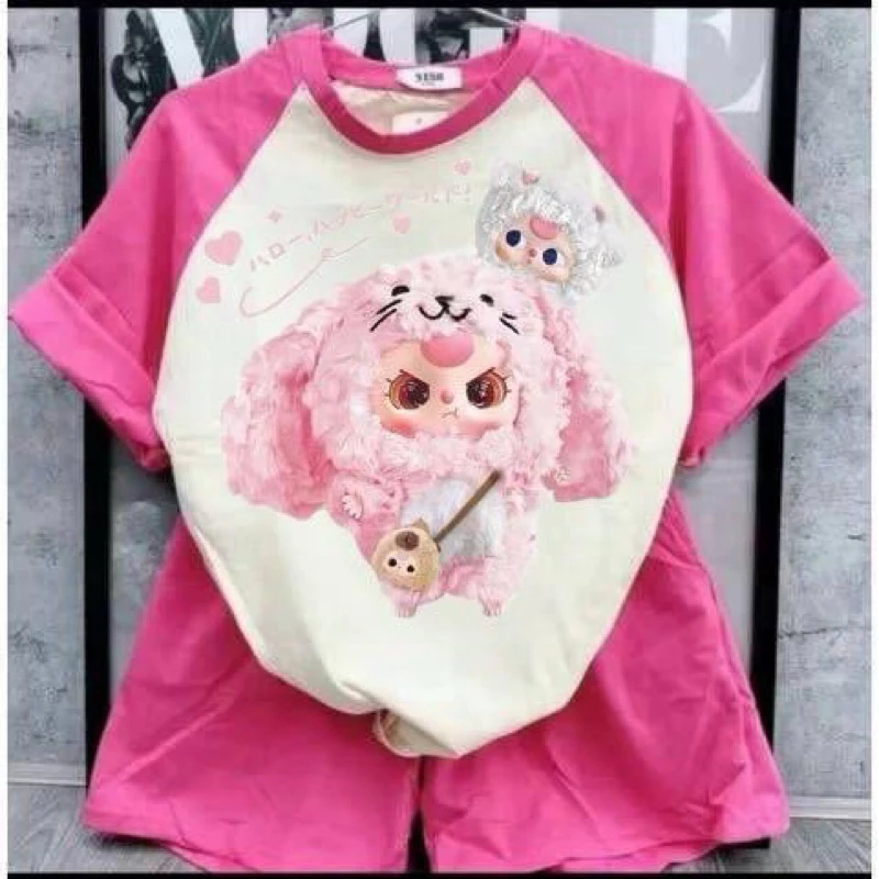 Set bộ quần đùi áo và quần form rộng in Nữ Women Top áo và quần chất cotton su Baby Three