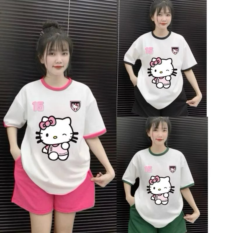 Set bộ đùi [ Mỏng Nhẹ ] chất cotton su áo from rộng form rộng in free size (38-65kg) in hình kitty Bộ Mèo