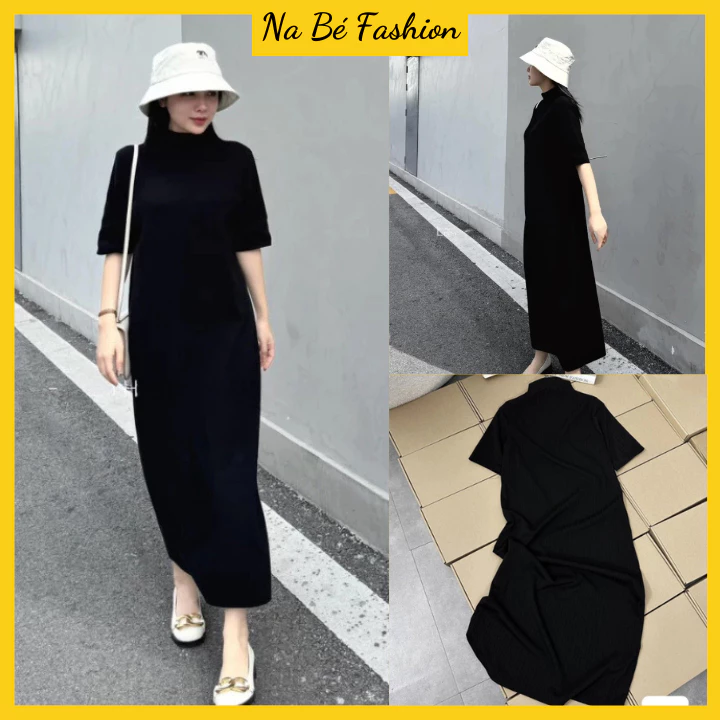 Váy nữ, đầm nữ len gân mềm dáng dài suông tay ngắn cổ 3 phân form rộng tôn dáng siêu xinh
