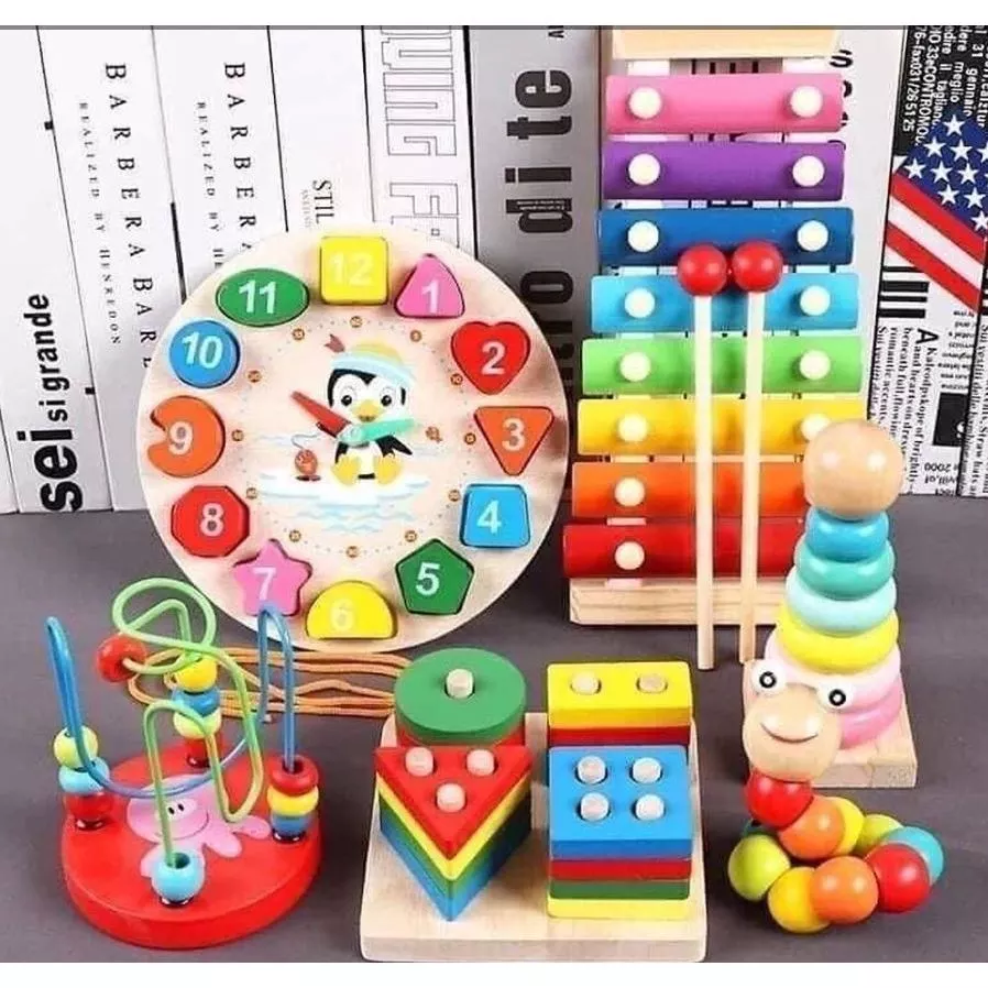 COMBO 6 MÓN ĐỒ CHƠI GỖ MONTESSORI THÔNG MINH PHÁT TRIỂN TRÍ TUỆ CHO BÉ
