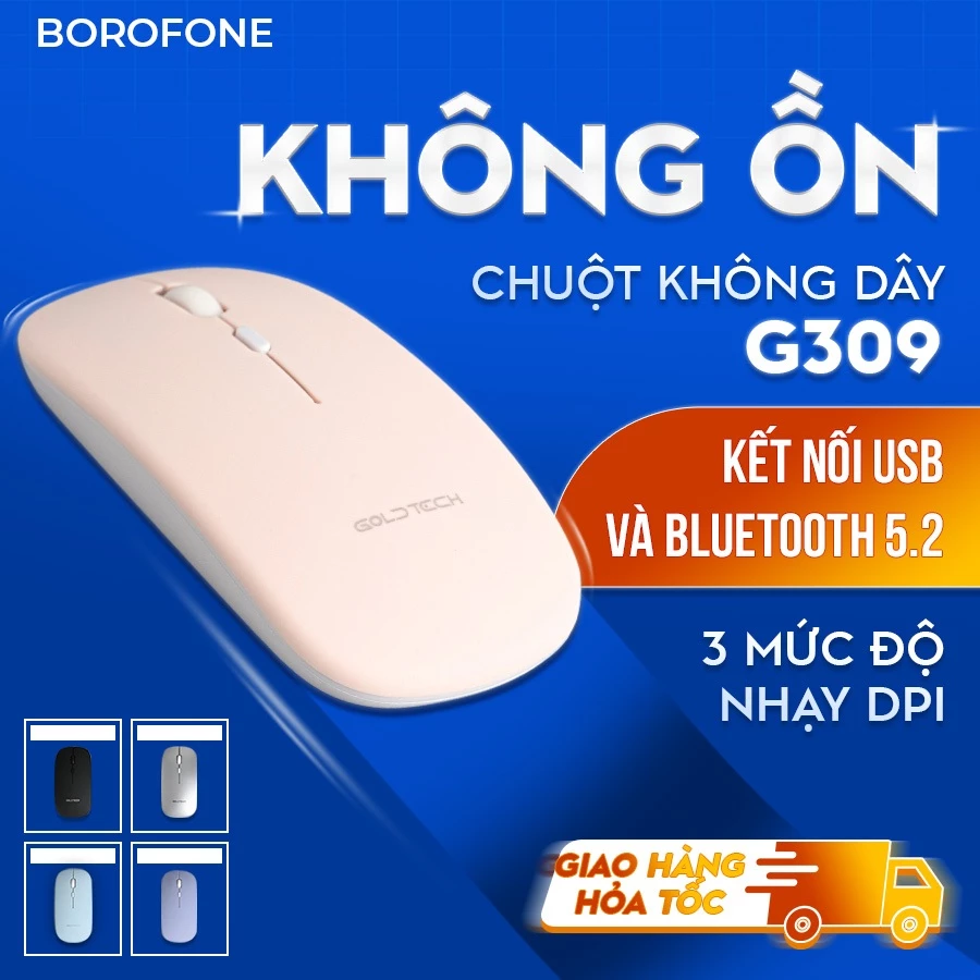 Chuột bluetooth không dây GOLDTEC G309 ko tiếng click sạc 1 lần dùng 8 tuần cho laptop MacBook PC iPad Tablet Smart-Tivi