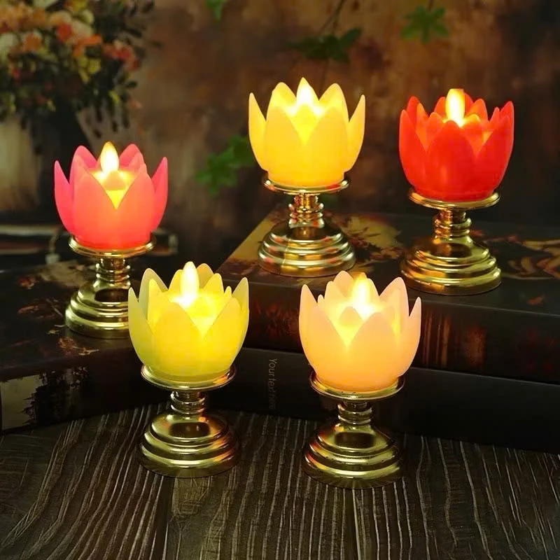 Đèn thờ hình Hoa Sen liền đế sử dụng Pin nhỏ, Nến nhựa điện tử trang trí phòng thờ ấm cúng, trang nhã