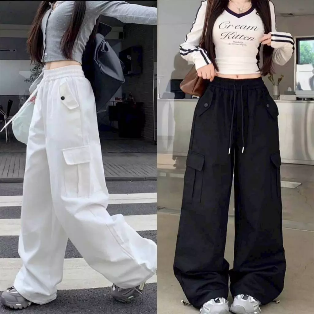 QUẦN CARGO PANTS ONE BOX - Quần tuyết mưa túi hộp màu ĐEN/TRẮNG dài suông ống rộng form nam nữ unisex
