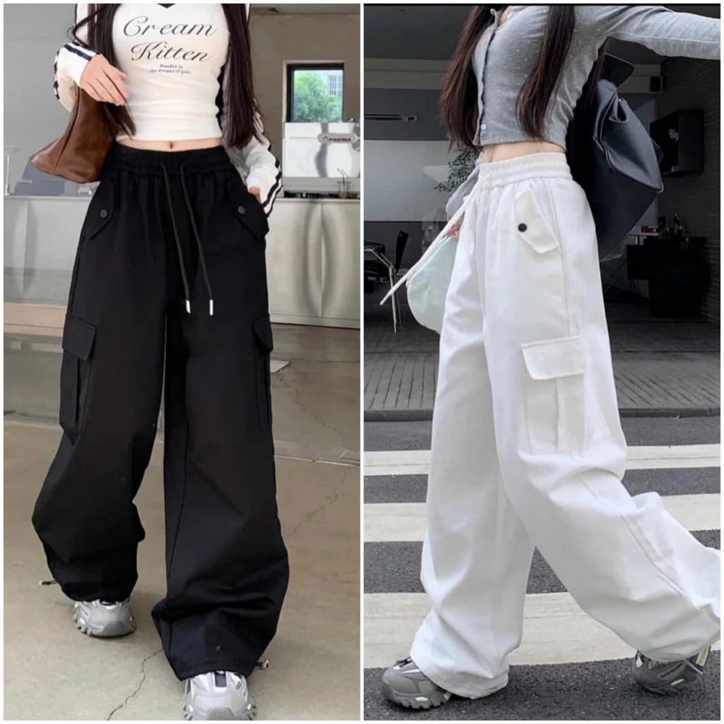 Siêu Hot Quần Nữ Túi Hộp Ông Rộng Suông Cạp Thun Kiểu Trơn Basic Màu Đen Trắng Mặc Đi hoc, làm , chơi