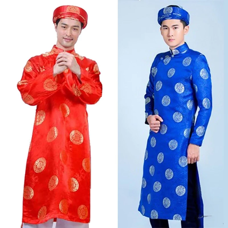 Áo dài nam truyền thống lụa thái tuấn kèm mấn đội đầu khăn đóng, áo dài các cụ dự lễ hội mừng thọ màu xanh đỏ vàng