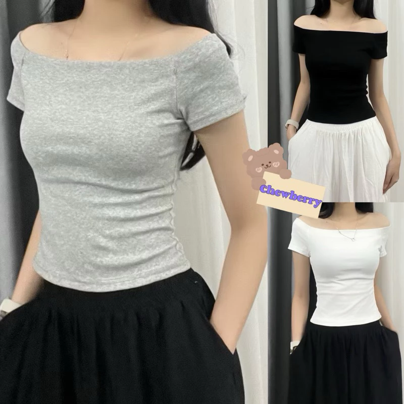 Áo Croptop Trễ Vai Trơn Mặc 2 Kiểu Dáng Ôm Xinh Xắn Nữ