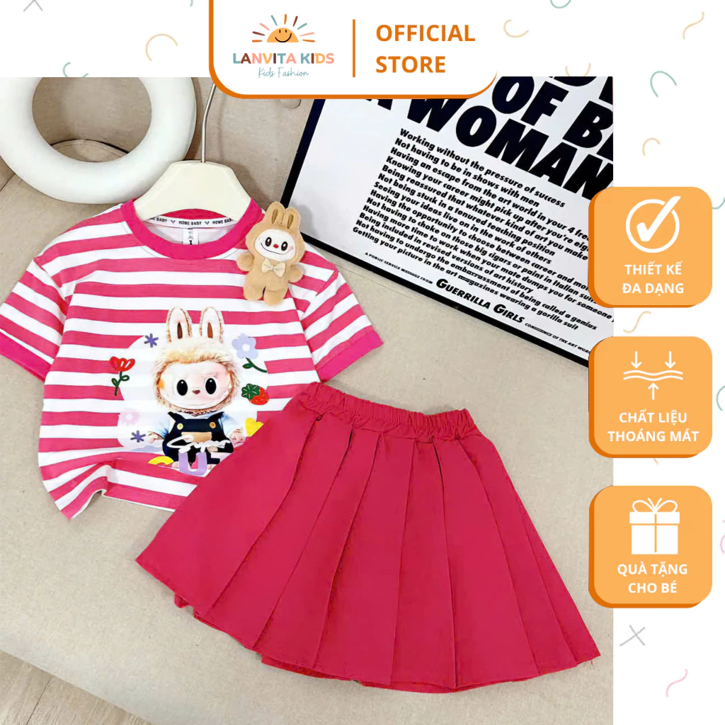SET VÁY XẾP LY IN HÌNH LABUBU SIÊU XINH CHO BÉ GÁI, ÁO KẺ SỌC CHẤT COTTON CO GIÃN 4 CHIỀU, CÂN NẶNG TỪ 9-44KG.