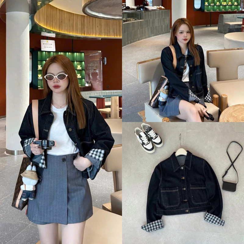 Áo Khoác Jean Jacket Bò Mềm Hàng QC Loại 1 Áo Bò Màu Đậm Phối Tay Caro 6889 (Có Sẵn)