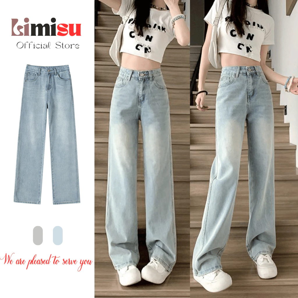 Quần Jean Nữ Ống Rộng LIMISU Cạp Cao Phối Màu Retro, Quần Bò Nữ Dáng Suông Chất Denim Cao Cấp JT