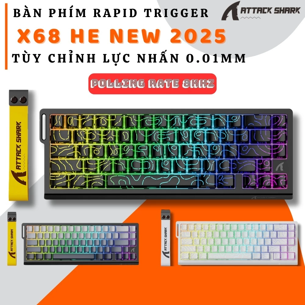 Bàn phím Cao Cấp Rapid Trigger Attack Shark X68 HE New 2025 Keycap Xuyên Led Polling Rate 8.000Hz