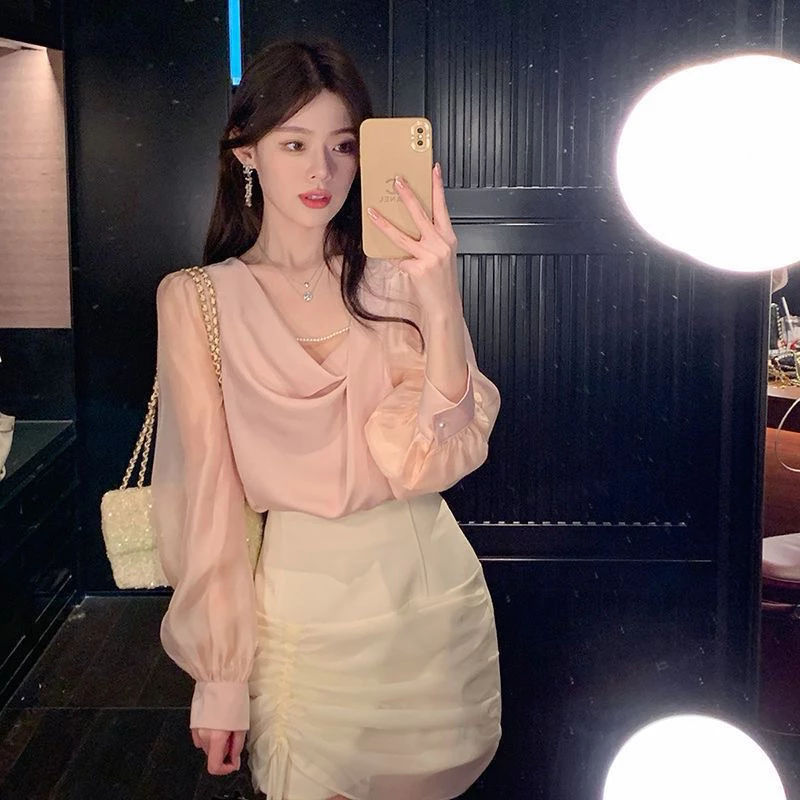 Áo Sơ Mi Lụa Kiểu Ely Ruby Tay Tơ, Cổ Đổ Mix Dây Ngọc Trai Cao Cấp, Thanh Lịch Quyến Rũ  Dolldiva A9