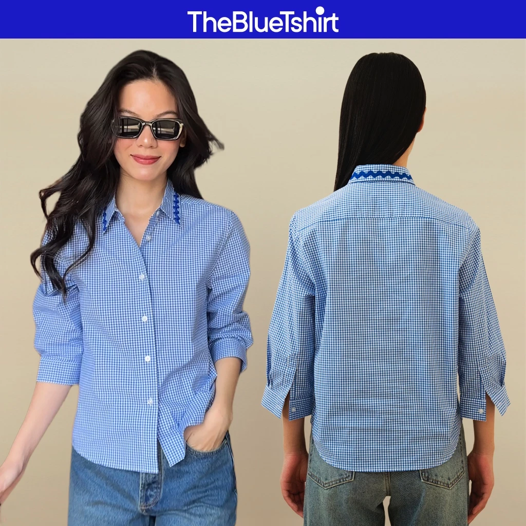 TheBlueTshirt - Áo sơ mi kẻ sọc caro tay lửng phồng nhẹ cổ viền zigzag lace cho nữ - Checked Treasure Shirt - Women