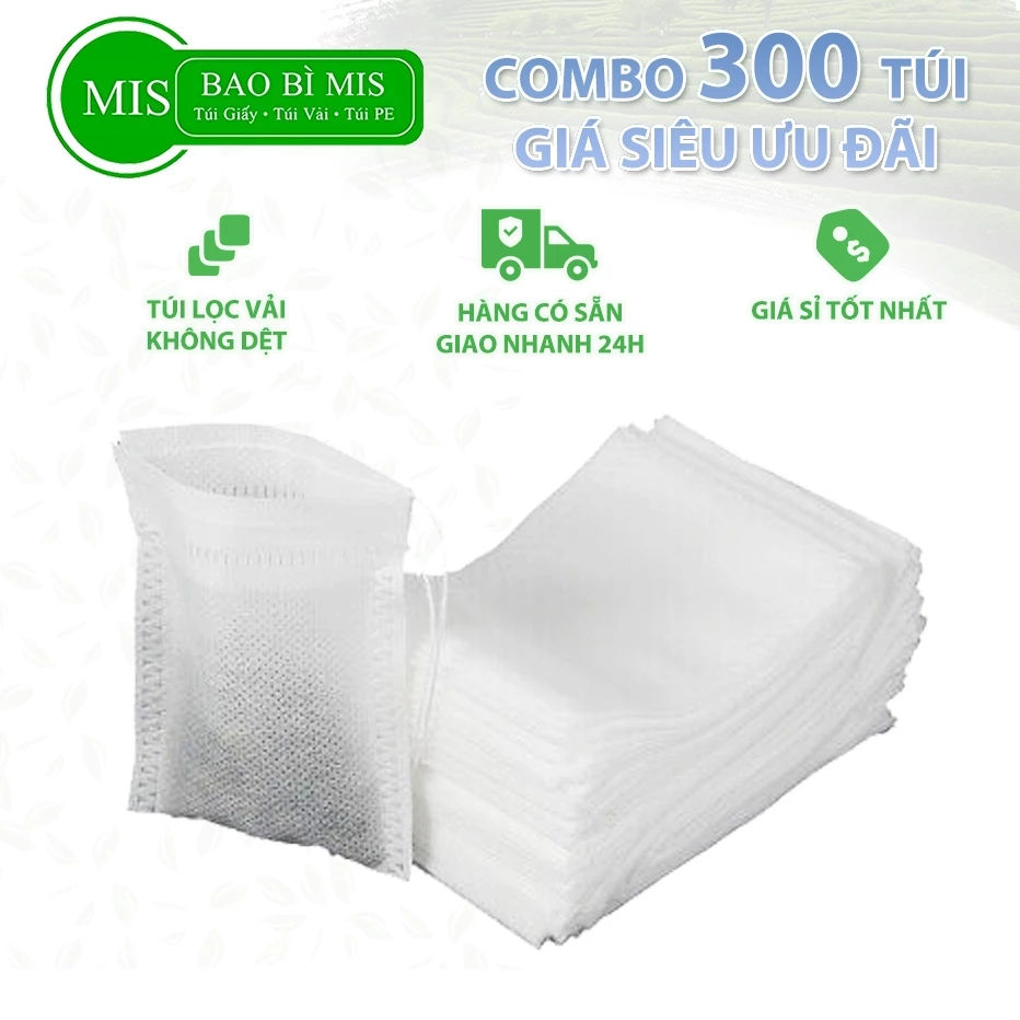 300 Túi Lọc Trà Dây Rút Bao Bì MIS Full Kích Thước, Chất Liệu Vải Không Dệt Đựng Gia Vị, Thảo Dược