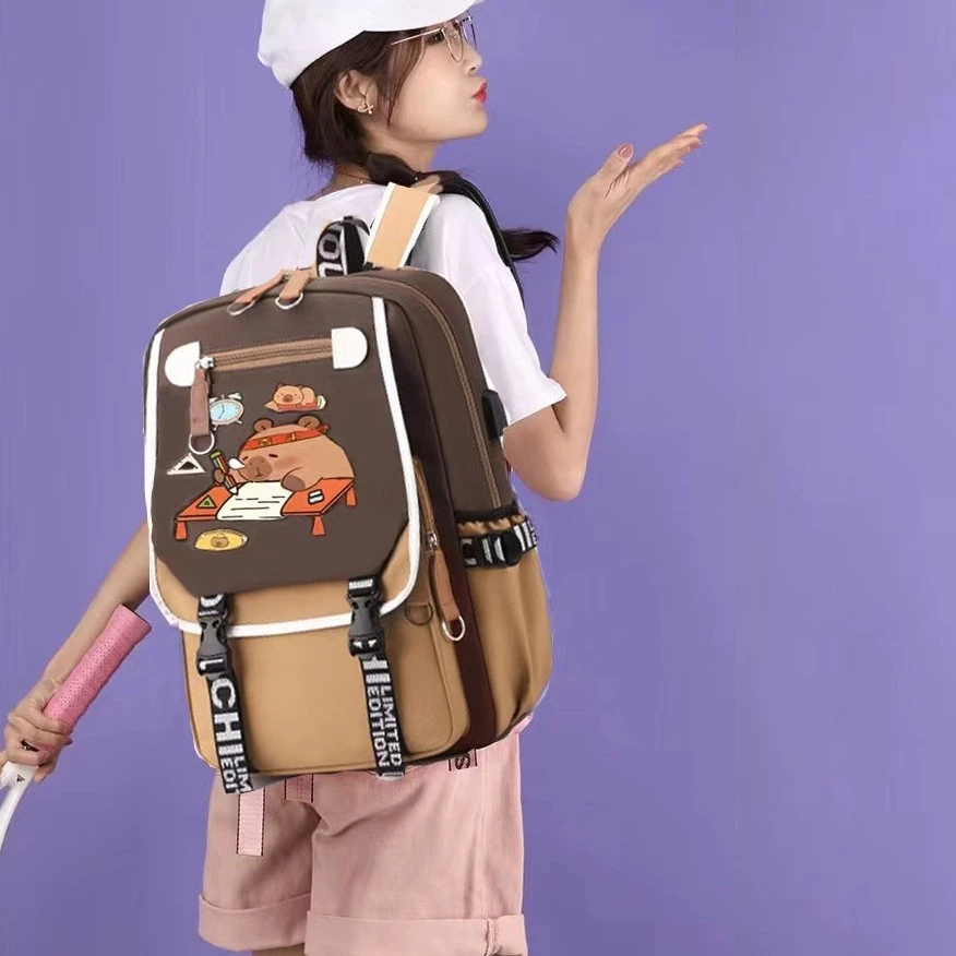 Balo capybara VẢI cho bé đi học cấp 1 2 cao cấp chống nước nhiều ngăn cute dễ thương